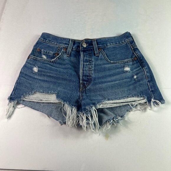Levi's Jean Shorts Women's 27* 501 Blue Cut Off Distressed Denim Jorts Tag 26 - Picture 1 of 16